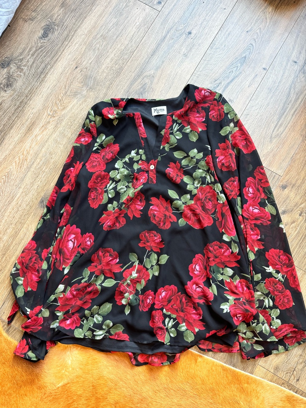 Show Me Your MuMu Black Blouse with Red Rose Print